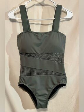 Carmen Marc Valvo Sage Green One-Piece Swimsuit with Mesh Bands